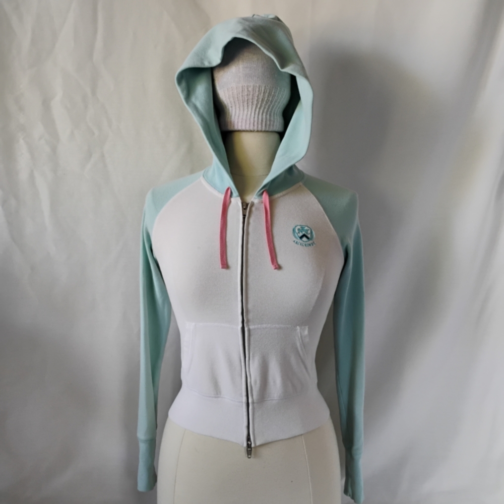 Women's Abercrombie & Fitch White & Blue Y2K Hoodie Jacket Embroidered Crest